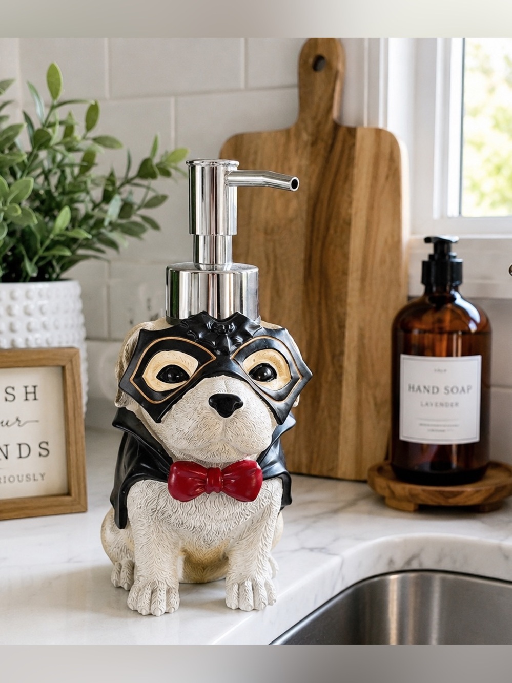 Ceramic Superhero Masked Bulldog Soap Dispenser Kitchen Bathroom Halloween Decor